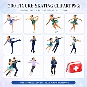 May include: A digital collection of 200 figure skating clipart PNGs featuring watercolour-gouache illustrations of individual skaters, pairs, and a first aid kit. The images show various skating poses, costumes, and a person in a blue jacket.