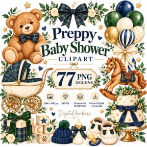 Puede incluir: Una colección digital de 77 diseños clipart PNG con un oso de peluche, caballo mecedora, cochecito, regalo, bloques, pastel y zapatos de bebé en azul marino, verde y oro. Texto Preppy Baby Shower CLIPART 77 PNG DESIGNS.