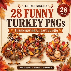 Op de afbeelding: Een digitale afbeelding met de tekst GOBBLE GIGGLES 28 FUNNY TURKEY PNGs Thanksgiving Clipart Bundle. Drie geïllustreerde kalkoenen zijn afgebeeld: één met een bril en boeken, één die gitaar speelt en één die mediteert met eikels.