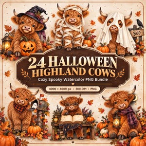 Könnte beinhalten: Eine digitale Sammlung von 24 Halloween-Hochlandrindern mit Aquarellillustrationen von flauschigen braunen Rindern in Kostümen wie Mumien, Geistern und Hexen. Die Grafik enthält Kürbisse, Laternen, Herbstblätter und den Text 24 HALLOWEEN HIGHLAND COWS.