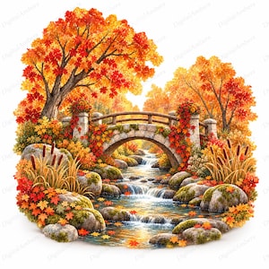 Peut inclure: Une illustration numérique d'un pont en pierre en arc enjambant un ruisseau, entouré d'arbres d'automne aux feuilles d'érable rouges et orange. Des rochers moussus, des massettes et des feuilles mortes bordent l'eau, créant un paysage saisonnier.