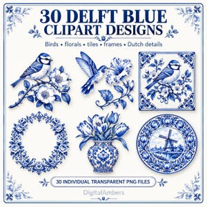 Puede incluir: Una colección de 30 diseños de clipart en azul Delft con pájaros, flores, azulejos, marcos y detalles holandeses. El conjunto incluye ilustraciones de pájaros en ramas, un colibrí, una corona floral, un jarrón de tulipanes y un plato con un molino.