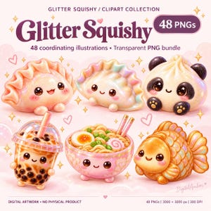 Glitter Squishy Clipart Bundel, 48 PNG, Kawaii Dumpling, Voedselfiguren, Glanzende Afbeeldingen