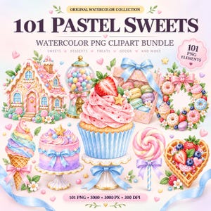 Könnte beinhalten: Eine digitale Sammlung von 101 Aquarell-Clipart-Elementen mit pastellfarbenen Süßigkeiten, darunter ein Lebkuchenhaus, ein Kaugummiautomat, ein Cupcake, Macarons, ein Donut-Kranz, eine Eistüte, eine Torte, ein Lutscher und eine Waffel mit Früchten.