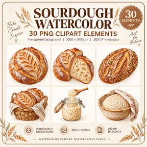 Può includere: Una collezione digitale di 30 elementi clipart ad acquerello a lievitazione naturale con varie pagnotte, un barattolo di vetro di lievito madre con un cucchiaio di legno e cestini per la lievitazione, su sfondo crema chiaro con testo.