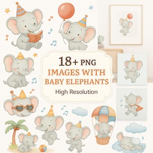 Baby Elephant, Clipart Collection, PNG Image, Illustration With Elements, Boy Kids Room Wall Art, Baby Shower Invite, Digital Downloads