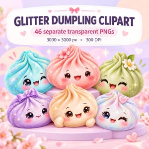 Könnte beinhalten: Eine digitale Sammlung von 46 glitzernden Knödel-Cliparts im transparenten PNG-Format, 3000 x 3000 px, 300 DPI. Das Bild zeigt sechs bunte, lächelnde Knödel-Charaktere mit glitzernden Texturen, die mit kleinen Schleifen und Blumen verziert sind.