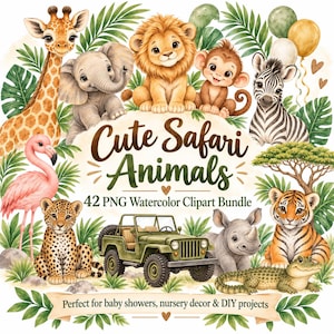 Può includere: Un set di clipart digitali ad acquerello con una giraffa, un elefante, un leone, una scimmia, una zebra, un fenicottero, un leopardo, un rinoceronte, una tigre, un alligatore e una jeep verde. Il testo recita Cute Safari Animals.