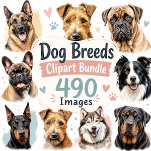 Può includere: Un pacchetto di clipart digitali con varie razze di cani. L'immagine include ritratti di cani come un pastore tedesco, terrier, bulldog, bulldog francese, border collie, dobermann e husky. Il testo recita "Dog Breeds Clipart Bundle 490 Images."