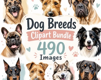 May include: A digital clipart bundle showcasing diverse dog breeds. The image includes portraits of dogs like a German Shepherd, Terrier, Bulldog, French Bulldog, Border Collie, Doberman, and Husky. The text reads "Dog Breeds Clipart Bundle 490 Images."