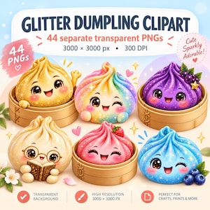 Puede incluir: Una colección digital de 44 imágenes prediseñadas de dumplings con purpurina en formato PNG transparente. Los gráficos muestran varios dumplings coloridos y sonrientes con texturas brillantes, algunos en vaporeras de bambú, uno con gafas y libro.