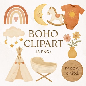 Może przedstawiać: Zestaw clipartów boho w akwareli z tęczą, księżycem, koniem na biegunach, body dla dziecka, chmurą z gwiazdami, tipi, kołyską, kwiatami w wazonie i drewnianym okręgiem z napisem "moon child". Tekst "BOHO CLIPART" i "18 PNGs" są również dołączone.