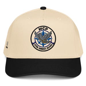May include: A beige baseball cap with a black brim and a black button on top. The front features a circular embroidered patch with a blue compass design, a grey pigeon wearing a brown satchel, and the text MCP FETCH. CONNECT. DELIVER.
