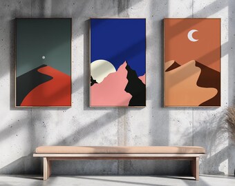 Minimalist Wall Art Set of 3 | Abstract Mountain Prints | Boho Landscape Posters | Moon & Sunset Art | Modern Printable Wall Decor