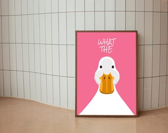 Funny Duck Poster | What The Duck | Minimalist Wall Art | Pink Printable Poster | Digital Download