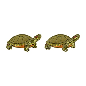 x2 Red-Eared Slider Turtle Patches Embroidered Iron-On / Sew-On Badge Pond Terrapin Patch Emblem (80x40mm)