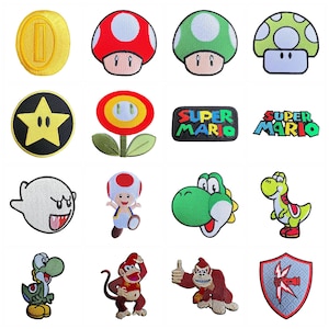 May include: A collection of sixteen embroidered fabric patches featuring various video game characters and icons, including a yellow coin, red and green mushrooms, a yellow star, a flower, the text Super Mario, a ghost, a character, and animals.