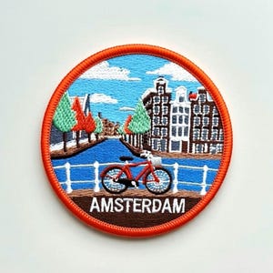 Amsterdam Patch Embroidered Iron-on / Sew-On Badge European Travel Dutch Cycling Biking Sightseeing Backpack, Cap, Hat Gift Patches