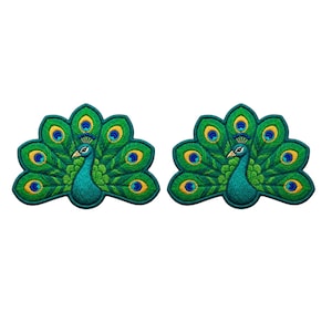孔雀のワッペン（2枚セット）刺繍アイロン接着／縫い付けワッペン カラフルな鳥、青緑色の孔雀の羽バッジ クラフトエンブレム（110 x 80 mm）