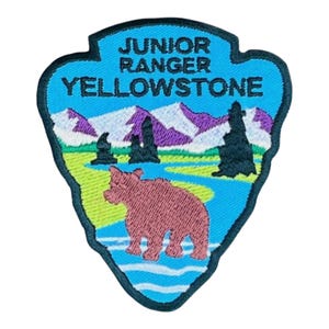 Può includere: Una toppa ricamata a forma di scudo con il testo JUNIOR RANGER YELLOWSTONE in nero. Il disegno raffigura un orso bruno in un fiume blu, con rive erbose verdi, formazioni rocciose scure e montagne viola e bianche sullo sfondo.