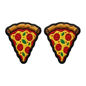 May include: Two embroidered patches shaped like pizza slices. Each slice features a golden-brown crust, a red tomato sauce base, yellow melted cheese, red pepperoni circles, and small green basil leaves, all outlined with a thick black border.