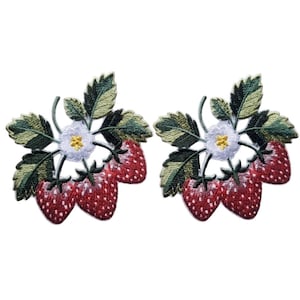 May include: Two identical embroidered patches, each featuring a cluster of three red strawberries with white seeds, green leaves, and a single white flower with a yellow centre. The embroidery uses detailed thread work to create texture.