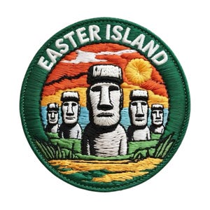 May include: Embroidered patch with the text "EASTER ISLAND" above a scene of Moai statues, a sunset, and green grass. The patch has a green border. The design is circular.