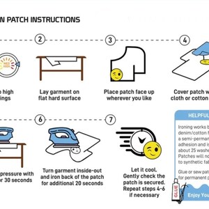 May include: An instructional graphic titled IRON-ON PATCH INSTRUCTIONS featuring seven numbered steps. Illustrations show a blue iron, a garment on a flat surface, a patch placement, a cloth covering, and a cooling period. A box provides helpful tips.