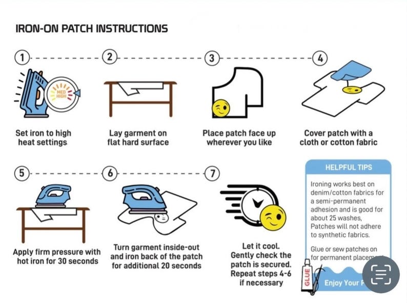 May include: An instructional graphic titled IRON-ON PATCH INSTRUCTIONS featuring seven numbered steps. Illustrations show a blue iron, a garment on a flat surface, a patch placement, a cloth covering, and a cooling period. A box provides helpful tips.