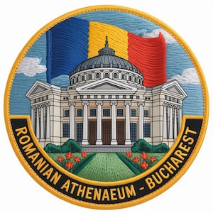 Könnte beinhalten: Gestickter Aufnäher mit dem rumänischen Athenäum in Bukarest. Das Design zeigt das Gebäude, die rumänische Flagge und den Text "ROMANIAN ATHENAEUM - BUCHAREST" in einem kreisförmigen Format mit gelbem Rand.