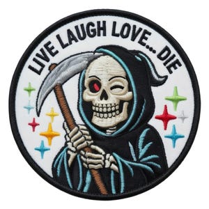 Live Laugh Love Die-patch geborduurde opstrijk-/naaibadge (3 inch) grappig skelet Magere Hein donkere humor motiverende cadeau-patches
