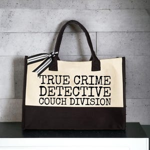 true crime detective bag bag, detail shot — true crime tote