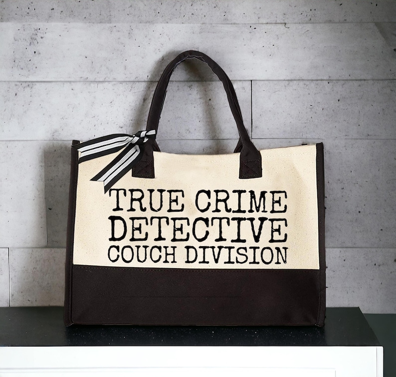 true crime detective bag bag, detail shot — true crime tote