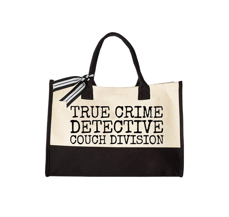 true crime detective bag bag, alternate angle — true crime tote