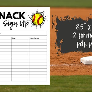 Könnte beinhalten: Ein weißes Anmeldeformular mit den Worten "SNACK Sign Up" und einer Softball-Grafik. Das Formular enthält Abschnitte für Allergien, Datum, Uhrzeit und Spieler-/Elterninformationen. Das Schild ist 21,6 cm x 27,9 cm groß und in PDF- und PNG-Formaten erhältlich.