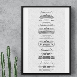 Peut inclure: Impression encadrée présentant une série de six modèles de voitures BMW M3 dans un style d'esquisse détaillé. Les voitures sont disposées verticalement, montrant l'évolution du modèle. L'œuvre est présentée sur un fond neutre.