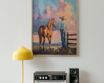 Western-Wandkunst mit Cowboy und Pferd - Prärie-Szene bei Sonnenuntergang in lebendigen Farben - Rustikales Landhausdekor für Ranch, Hütte oder Bauernhaus