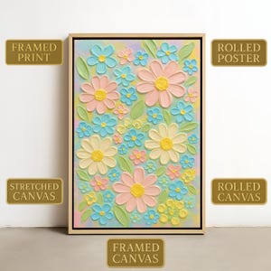 Decorazione murale con fiori pastello – Stampa 3D con margherite testurizzate in rosa, blu e giallo – Decorazione primaverile stravagante per ingresso o soggiorno