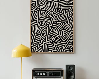 Labirinto astratto in bianco e nero - Stampa artistica moderna con linee geometriche - Decorazione contemporanea monocromatica audace per la casa o l'ufficio