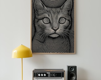 Hypnotic Cat Wall Art – Optical Illusion Black White Cat Print – Surreal Feline Decor for Modern Home or Gallery