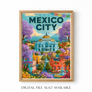 Könnte beinhalten: Ein gerahmtes Reiseplakat von Mexiko-Stadt mit dem Palacio de Bellas Artes im Zentrum, umgeben von violetten Jacaranda-Bäumen, bunten Gebäuden, Brunnen und festlichen Papel-Picado-Bannern unter einem hellblauen Himmel mit Bergen im Hintergrund.