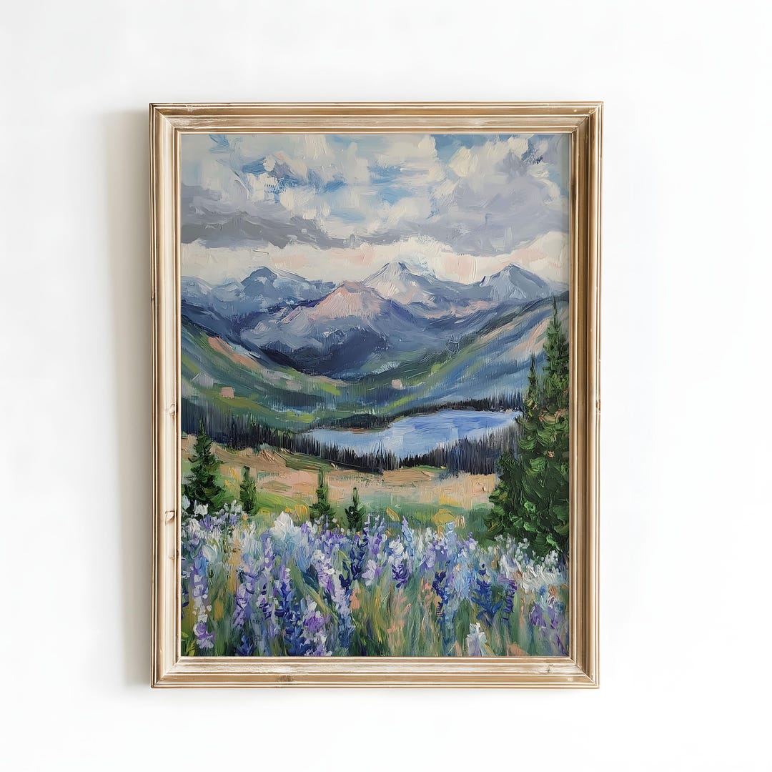Mountain Landscape Digital Art Print | Wildflower Meadow Painting ...