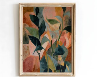 Abstract Botanical Wall Art, Modern Leaf Painting, Earthy Green and Terracotta Tones, Minimal Nature Print for Home Decor