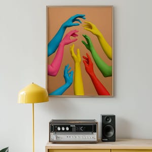 Colorful Hands Wall Art – Modern Pop Art Poster with Vibrant Reaching Arms – Bold Contemporary Print for Living Room or Studio Decor