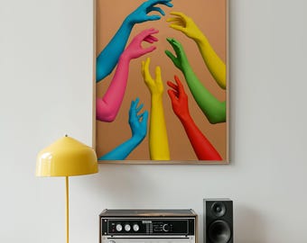 Arte mural de manos coloridas: póster pop moderno con brazos vibrantes que se extienden. Impresión contemporánea y audaz para decorar la sala de estar o el estudio.