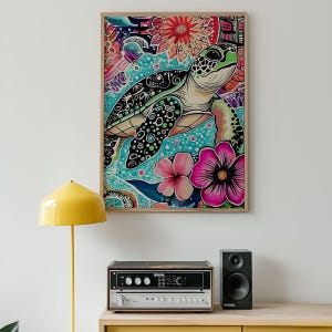 Sea Turtle Wall Art Print, Ocean Life Digital Download, Colorful Marine Poster, Tropical Beach Decor, Underwater Artwork with Flowers