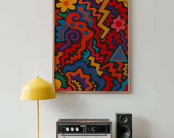 Colorful Abstract Wall Art – Vibrant Funky Retro Pop Print – Bold Geometric 90s Style Decor for Eclectic Living Room or Studio