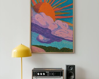 Arte mural de un amanecer colorido: pintura psicodélica retro de sol y nubes, póster de paisaje abstracto vibrante