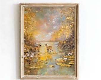 Arte mural de ciervos del bosque dorado: pintura de paisaje impresionista de ensueño / Escena de naturaleza serena para dormitorio, oficina o decoración rústica