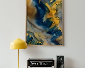 Abstract Blue and Gold Wall Art Print, Modern Watercolor Painting, Fluid Ink Digital Download, Elegant Contemporary Home Decor